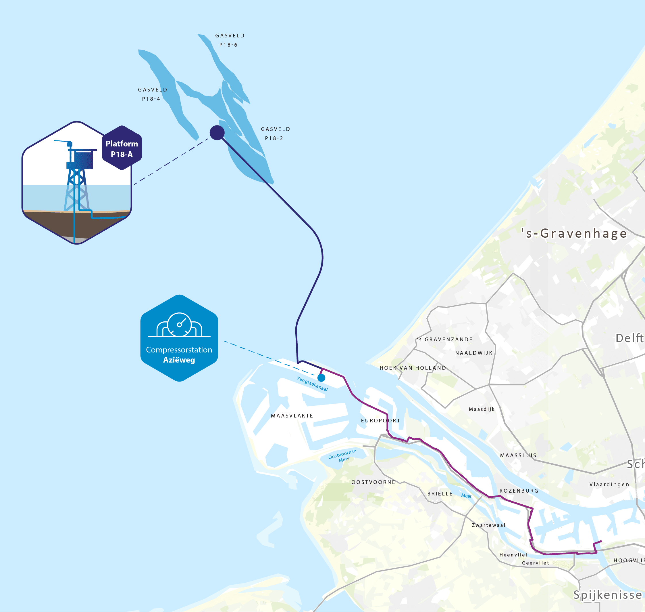 Overzichtskaart-NL - Aryo Systems Map showing the CO₂ transportation route from the Rotterdam area to offshore gas fields for storage, including key locations like the P18-A platform and the compression station at Aziëweg.