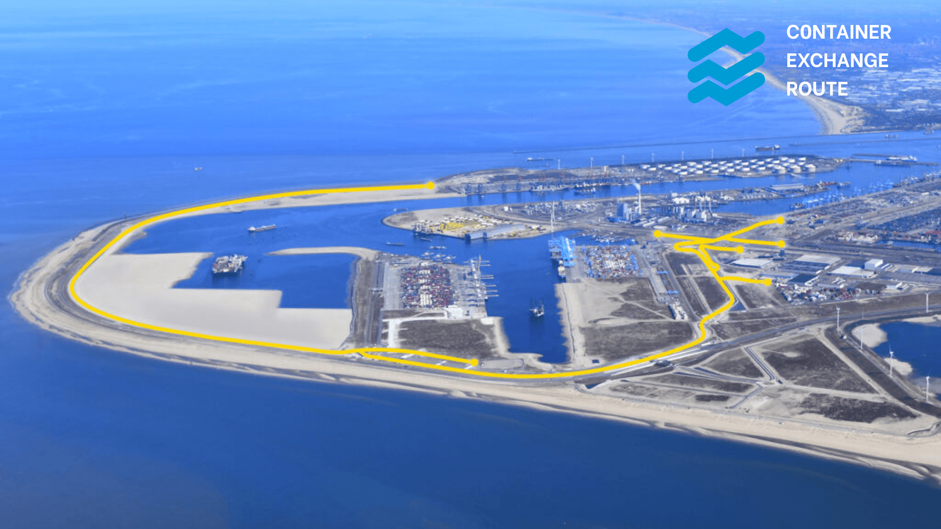 Slice 19 (2) - Aryo Systems Aerial view of the Container Exchange Route, highlighted in yellow, connecting various terminals and facilities at a large port area surrounded by water.